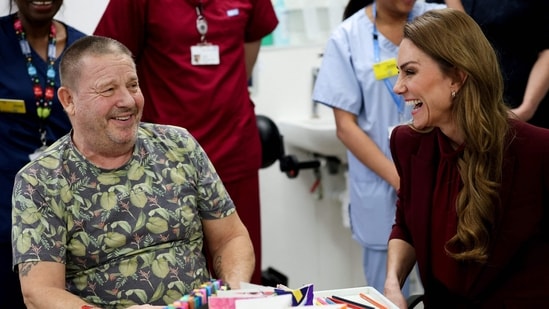 Britain's Catherine (R), Princess of Wales, speaks to a patient during an arts workshop at Charing Cross Hospital in west London on January 8, 2026. (Photo by Isabel Infantes / POOL / AFP)(AFP)