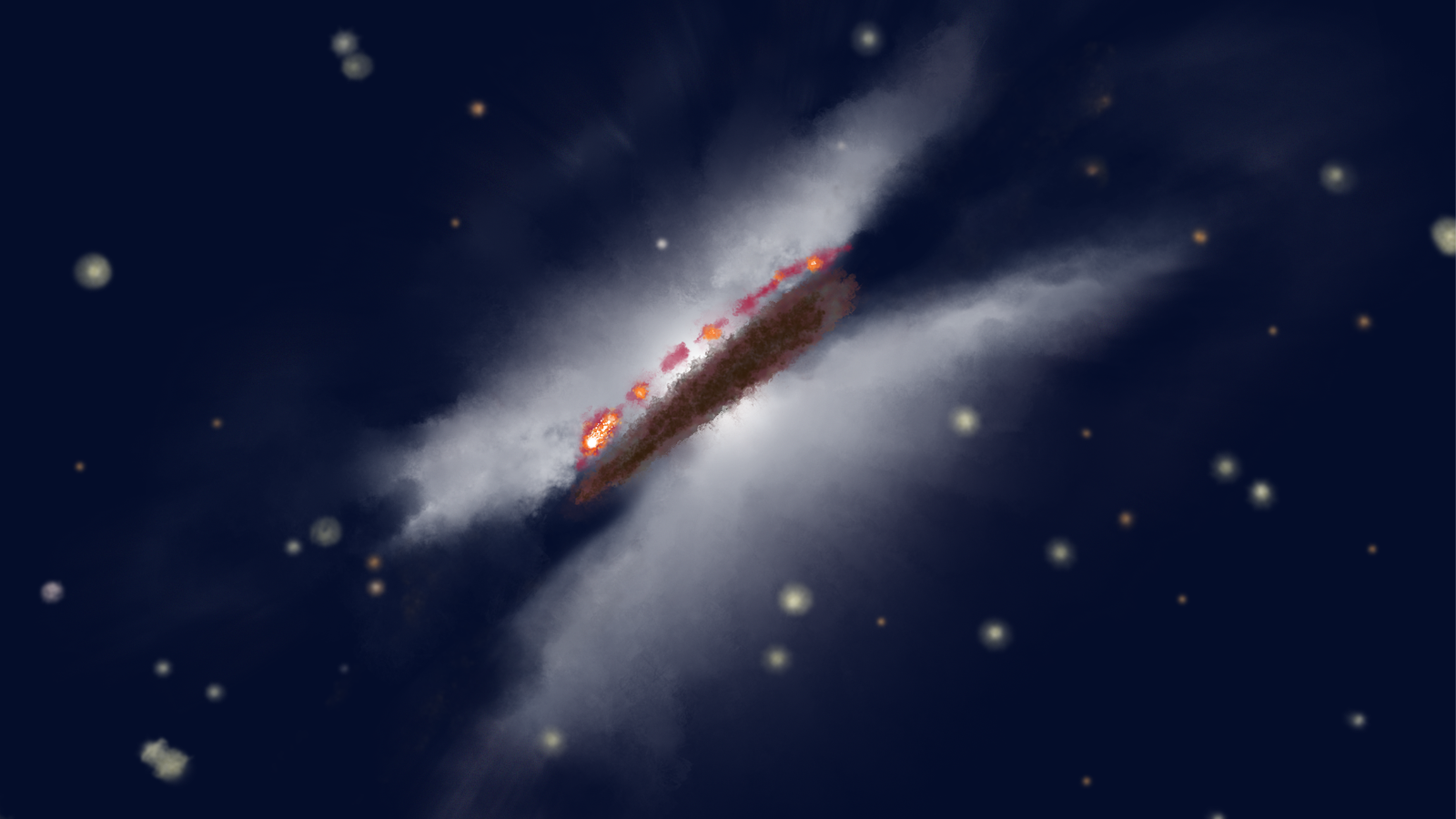 An illustration of Gomez&rsquo;s Hamburger with its stacked layers of gas and dust swirling around a young star.