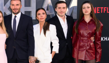 Harper Beckham, David Beckham, Victoria Beckham, Brooklyn Beckham, and Nicola Peltz posing on the red carpet at a Netflix premiere of the 'Beckham' docuseries.