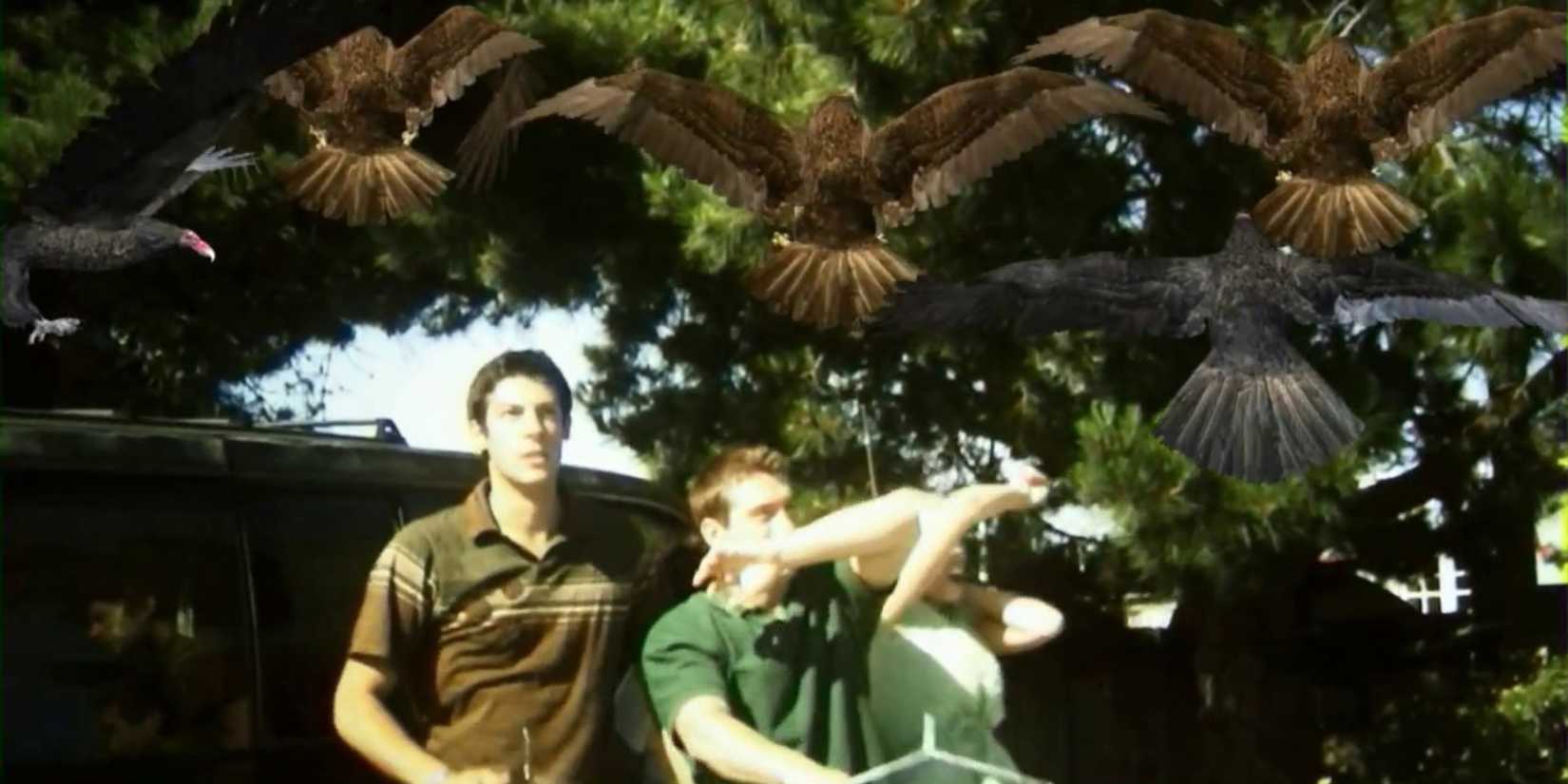 The cast of 'Birdemic: Shock and Terror' swats at a bunch of fake-looking CGI birds with wire hangars.