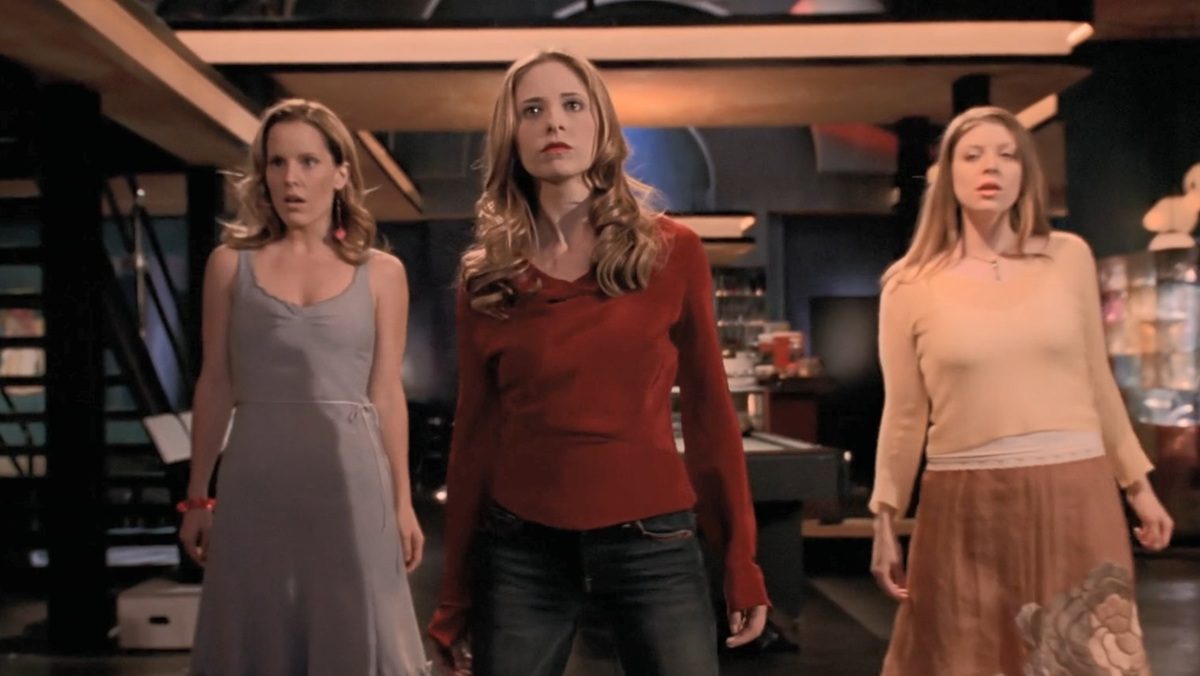 From left to right: Buffy the Vampire Slayer's Anya (Emma Caulfield), Buffy (Sarah Michelle Gellar), and Tara (Amber Benson).