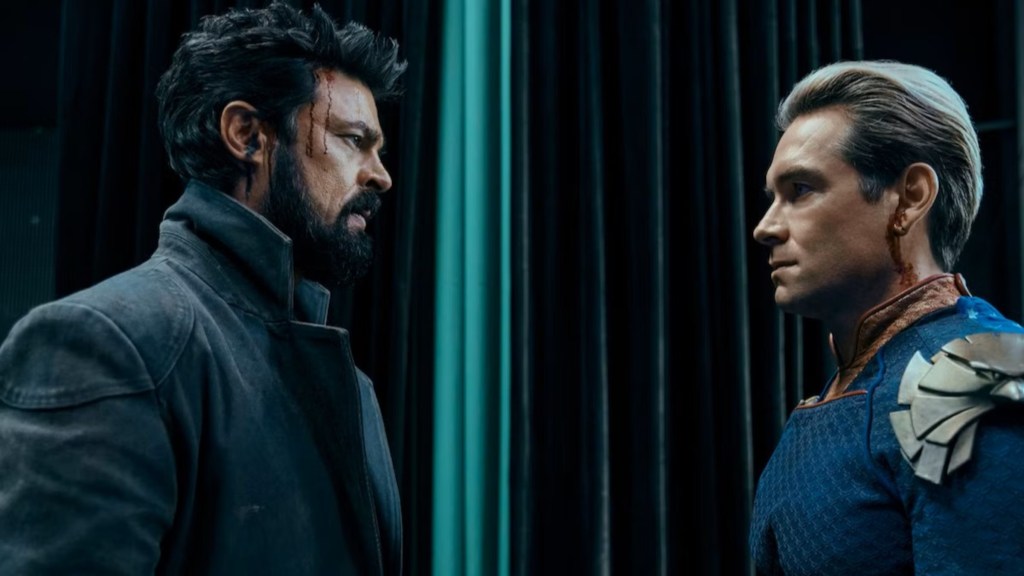 Butcher and Homelander staring each other down in The Boys