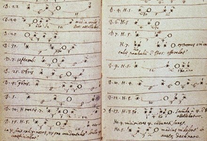 A handwritten page showing astronomical observations, with dates and star patterns recorded in columns and lines of text in neat, old cursive script—a glimpse into how humanity has long sought to understand our place in space.
