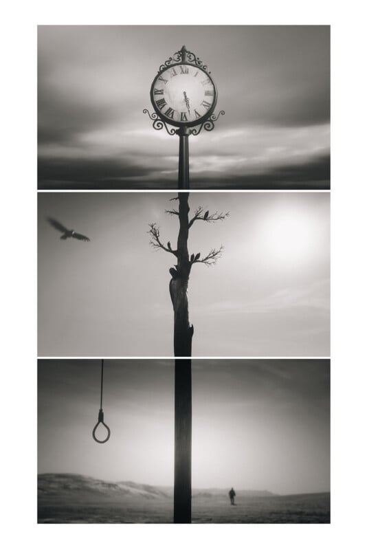A surreal black and white image divided into three panels: the top shows a vintage clock on a post, the middle shows a barren tree with a bird flying, and the bottom shows a noose hanging in a desolate landscape with a distant figure.