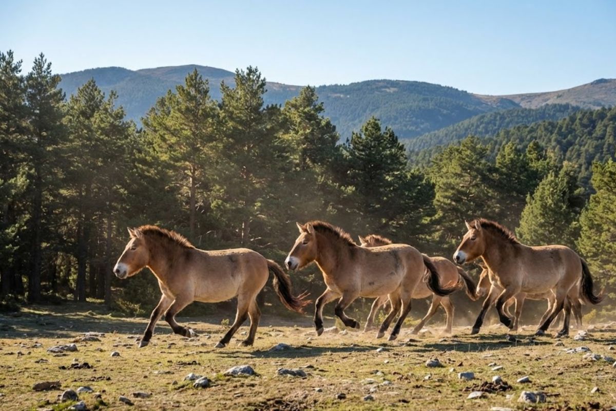 Wild horses return to Spain in the Iberian Plateau, in the Alto Tajo Natural Park, with Przewalski's horses restoring ecosystems and biodiversity.