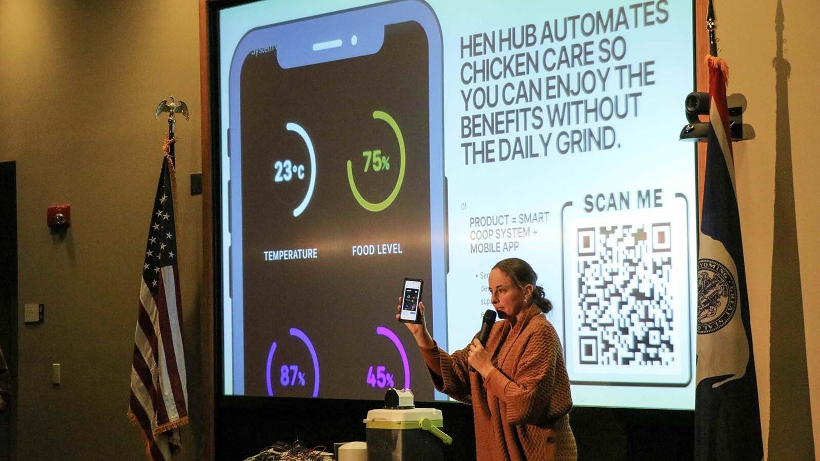 Jenny Berens presents during a Nov. 11 pitch session, promoting the Hen Hub technology with husband Dan. The Sheridan couple’s device aspires to automate the care and feeding of backyard chickens.