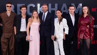 Romeo Beckham, from left, Cruz Beckham, Harper Beckham, David Beckham, Victoria Beckham, Brooklyn Beckham and Nicola Peltz Beckham at the premiere of the Netflix docuseries Beckham in 2023. (AP Photo/Vianney Le Caer, File) (Vianney Le Caer/Invision/AP)
