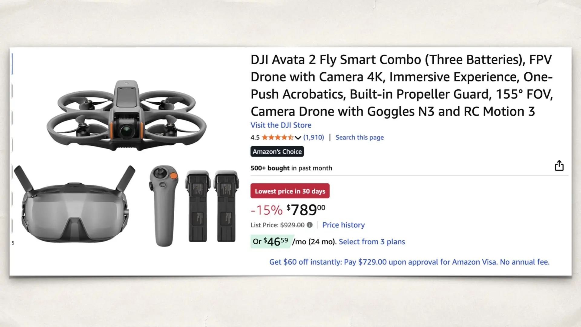 The DJI Avata 2 Fly Smart Combo on Amazon