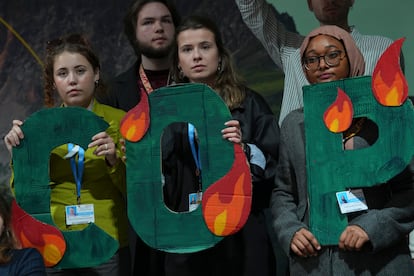 Luisa Neubauer, center, at a demonstration at COP28 in Baku, Azerbaijan, in November 2024.