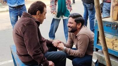 Dharmendra and Jaideep Ahlawat from behind-the-scenes action from Ikkis.
