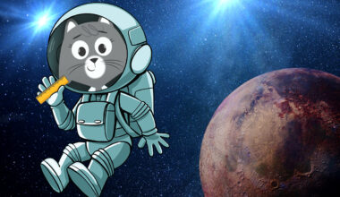 A composite featuring a cartoon illustration of Dr. Universe in a spacesuit holding a ruler, floating past a large planet.