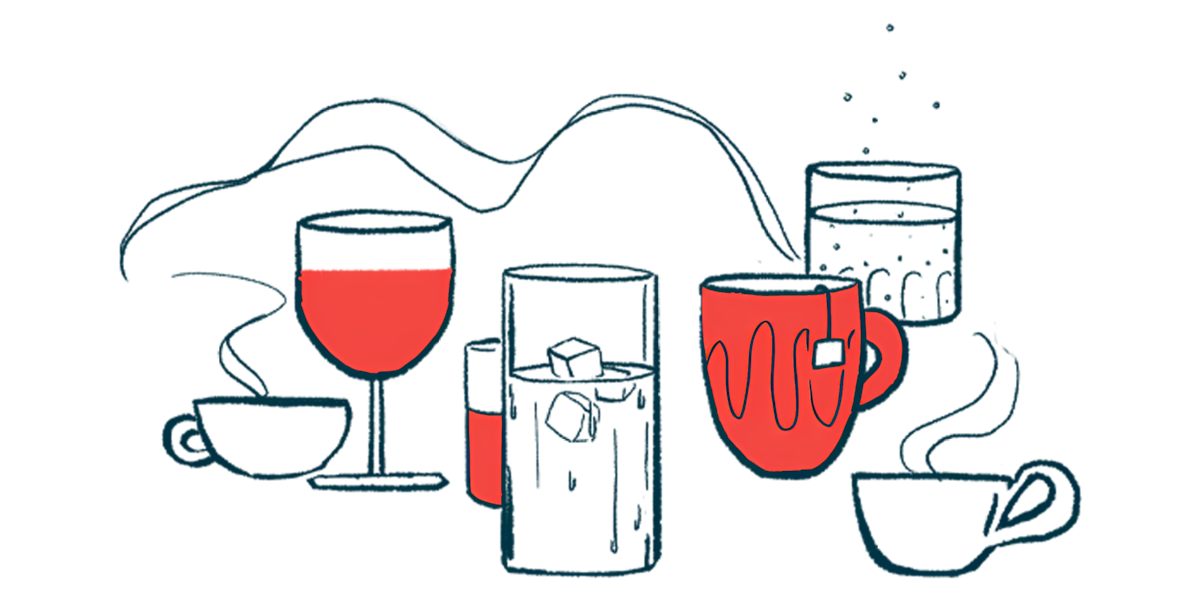 Two steaming cups of coffee sit at opposite ends of an array of hot and cold drinks.