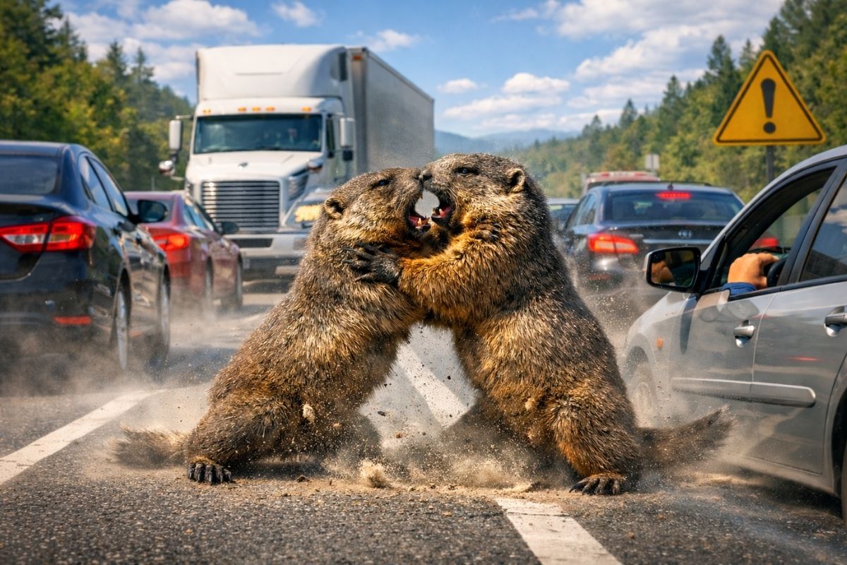 Two groundhogs fight in the middle of the road, blocking traffic. A viral video shows the territorial dispute on the road, the line of cars, and the real risk of collisions and dangerous maneuvers.