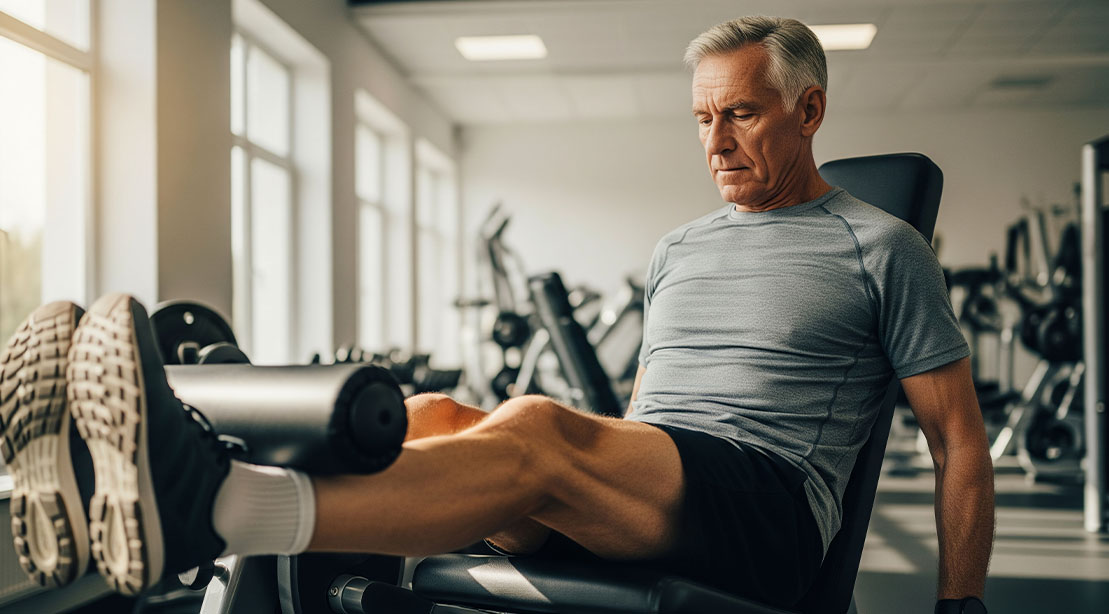 Elderly male performing a leg extension exercise for healthy joints