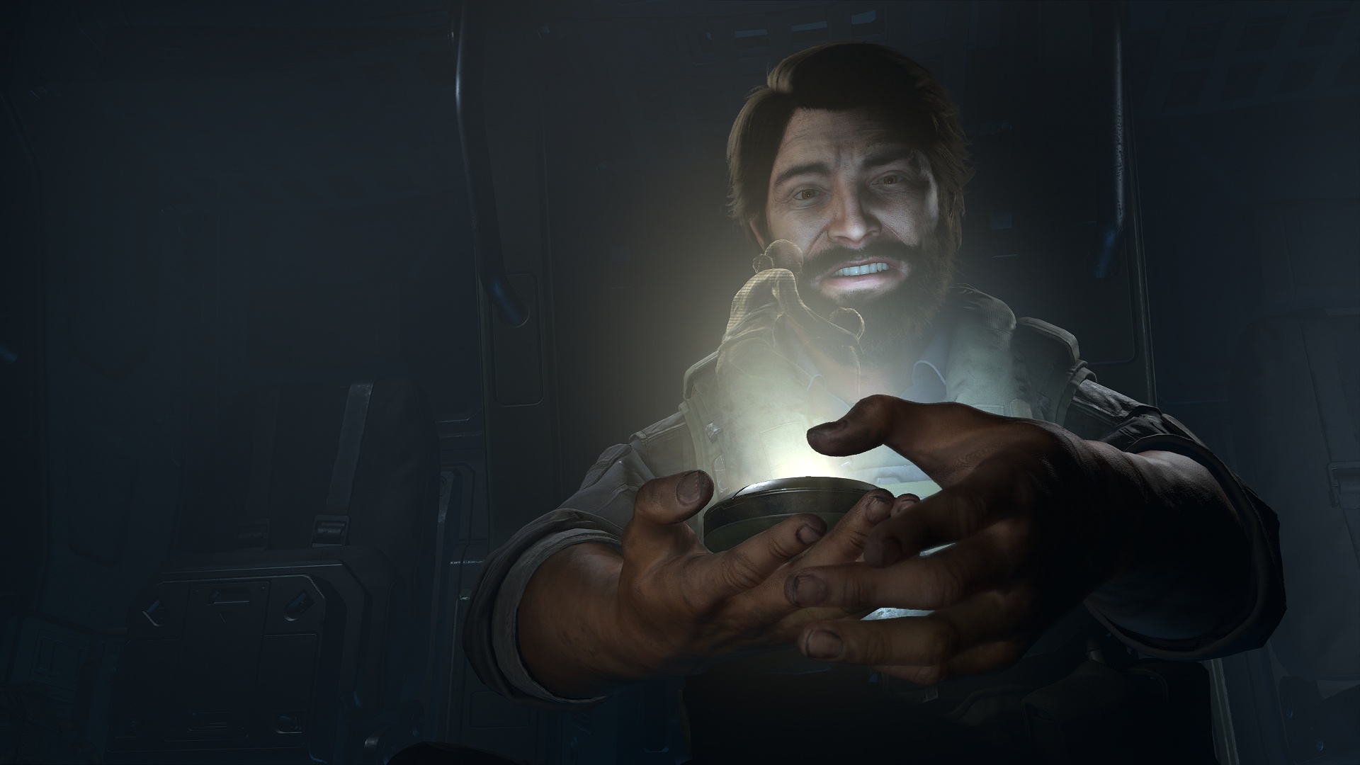 Halo Infinite screenshot of Fernando Esparza aboard his pelican viewing a hologram of a mother and child