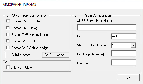 The image shows a settings window for MMXPAGER TAP/SMS configuration. It includes checkboxes and fields for enabling TAP log file, TAP and SMS dialogs, acknowledgments, ANSI Modem, and SMS Unicode. There are input fields for SNPP server host name, port (set to 444), SNPP protocol level, pin, and password. There's also a dropdown menu option to allow shutdown.
