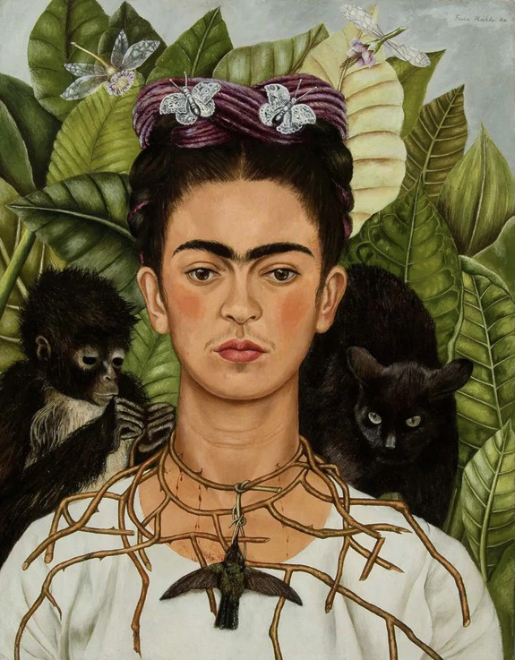 Portrait of a woman with a monkey and a black cat, surrounded by large green leaves and butterflies in her hair.