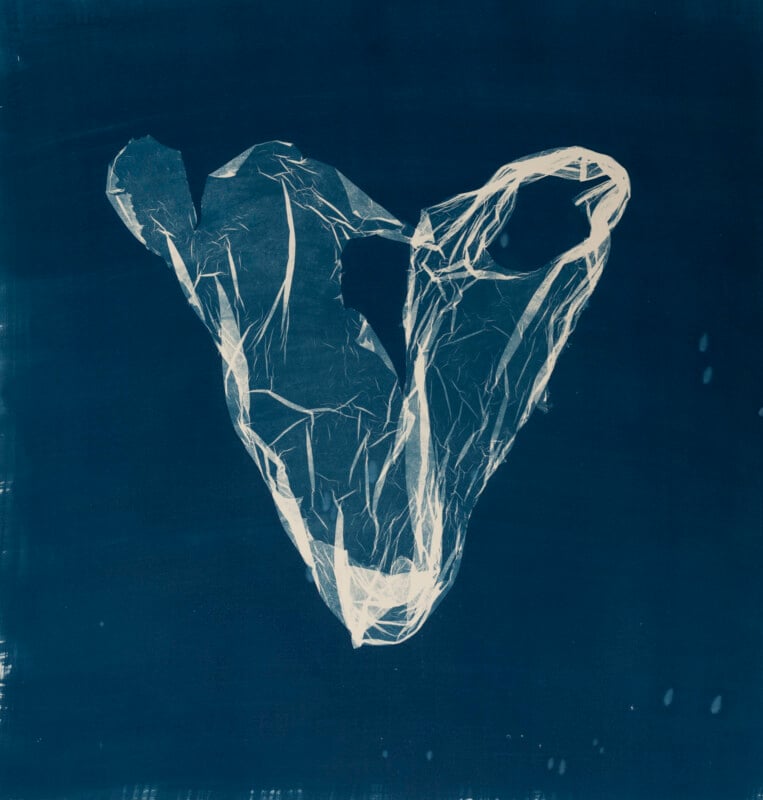 A translucent plastic bag is captured in white against a deep blue background, creating a cyanotype effect with crumpled textures and shadows highlighting the bag’s delicate, floating form.