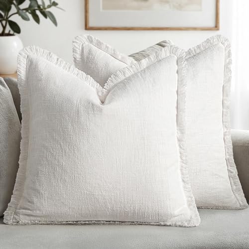 Miulee Christmas Decorative Throw Pillow Covers Neutral Linen Fringe Throw Pillows Set of 2 White Boho Farmhouse Cushion Covers With Tassels for Couch Sofa Bed Living Room Home Decor 20x20 Inch