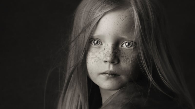 A black and white portrait of a young girl with long, light hair and freckles. She has light eyes and an expression of calm curiosity, gazing directly at the camera against a dark background.
