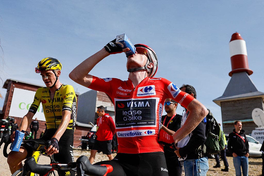 These blue bottles of cherry juice made by Amacx were all over the Vuelta and Tour de France this summer.