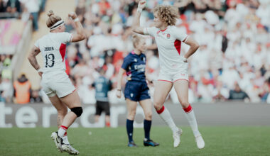 Ellie Kildunne and Meg Jones do the cowboy/rodeo celebration after Kildunne scores in the rugby world cup final against Canada.