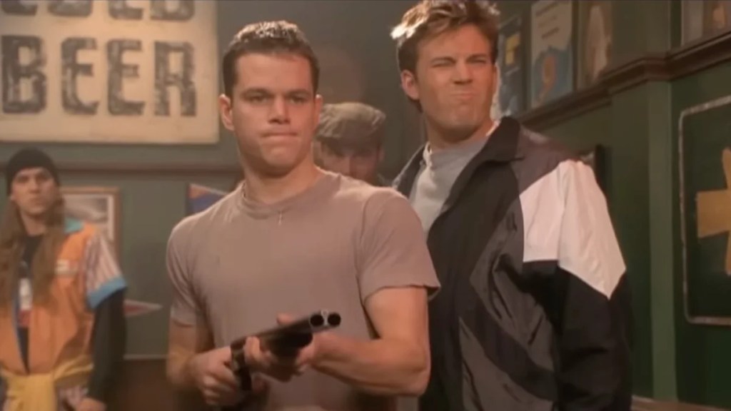 Matt Damon holding a shotgun next to Ben Affleck in "Jay and Silent Bob Strike Back"