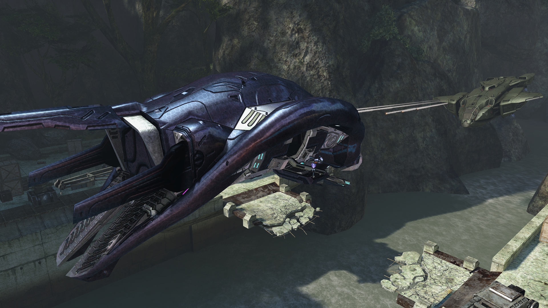 Halo 3 screenshot of Hocus firing her Pelican's missiles at a Phantom
