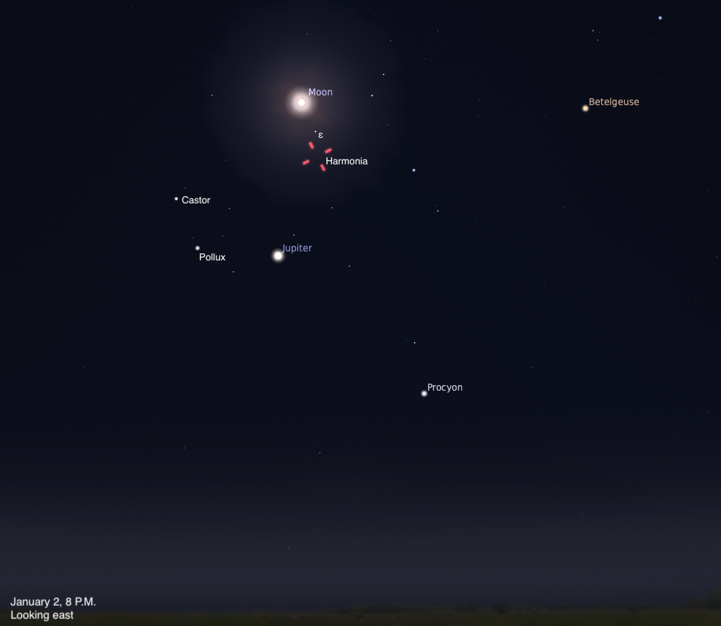 The Sky Today on Friday, January 2: Harmonia at opposition