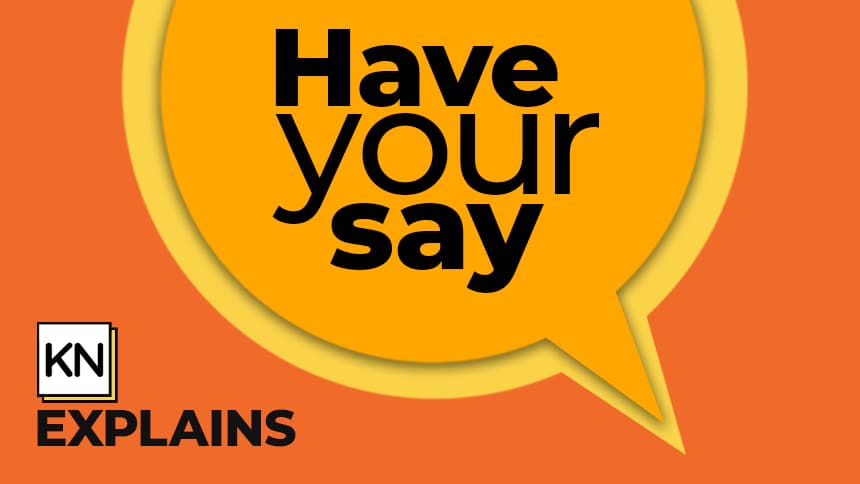 An orange speech bubble with the copy Have your say.