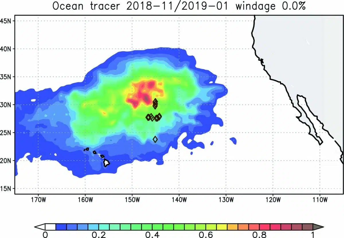 Heatmap Of Plastic Density And Tracer Locations (ocean Model)
