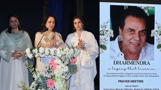 Hema Malini and daughters Esha and Ahana Deol at Dharmendra's prayer meet.(Photos: Manoj Verma/ HT)