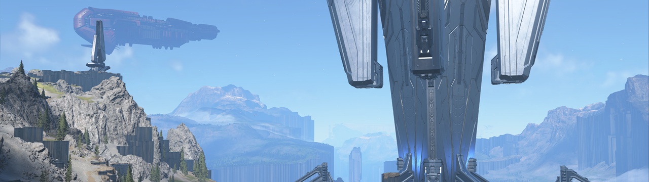 Halo Infinite screenshot of the command spire with a beam tower and Banished dreadnought in the background