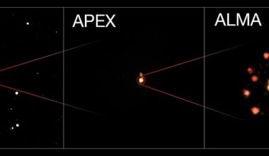 This montage shows three views of the distant group of interacting and merging galaxies called SPT2349-56 (Credit : ESO/ALMA (ESO/NAOJ/NRAO)/Miller et al)