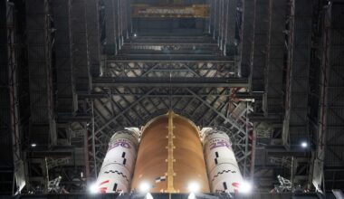 The base of NASA's Artemis 2 Space Launch System rocket is seen inside the Vehicle Assembly Building at NASA's Kennedy Space Center in Florida.