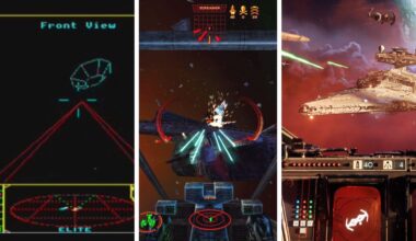 Split image showing three space simulator games from three different eras: Elite (1984), Starlancer (2000), and Star Wars Squadrons (2020).