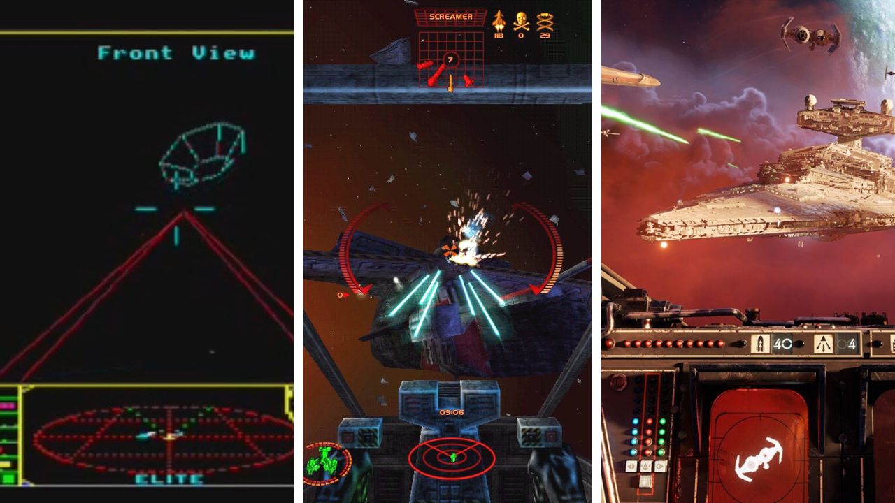 Split image showing three space simulator games from three different eras: Elite (1984), Starlancer (2000), and Star Wars Squadrons (2020).