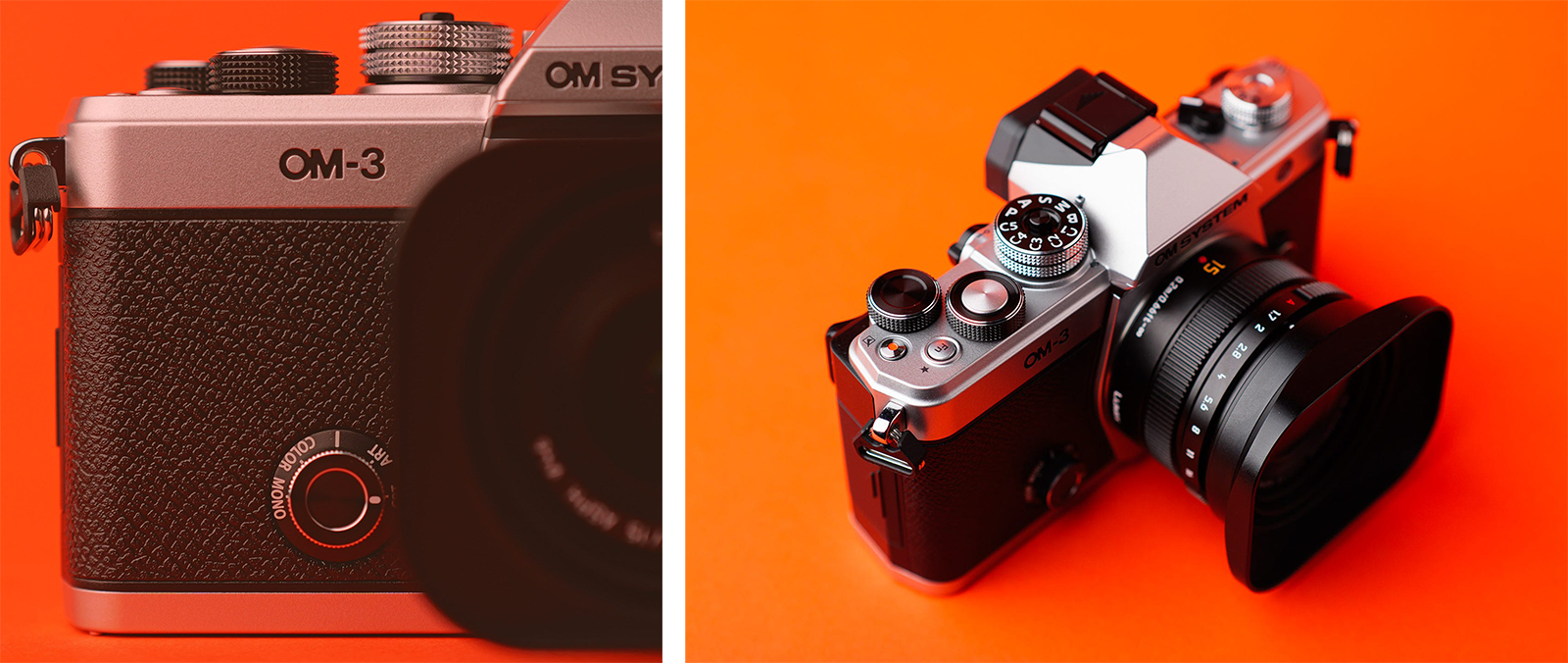 Side-by-side images of a vintage OM-3 film camera: the left shows a close-up of its body and dial, while the right provides an angled top view of the whole camera against a bright orange background.