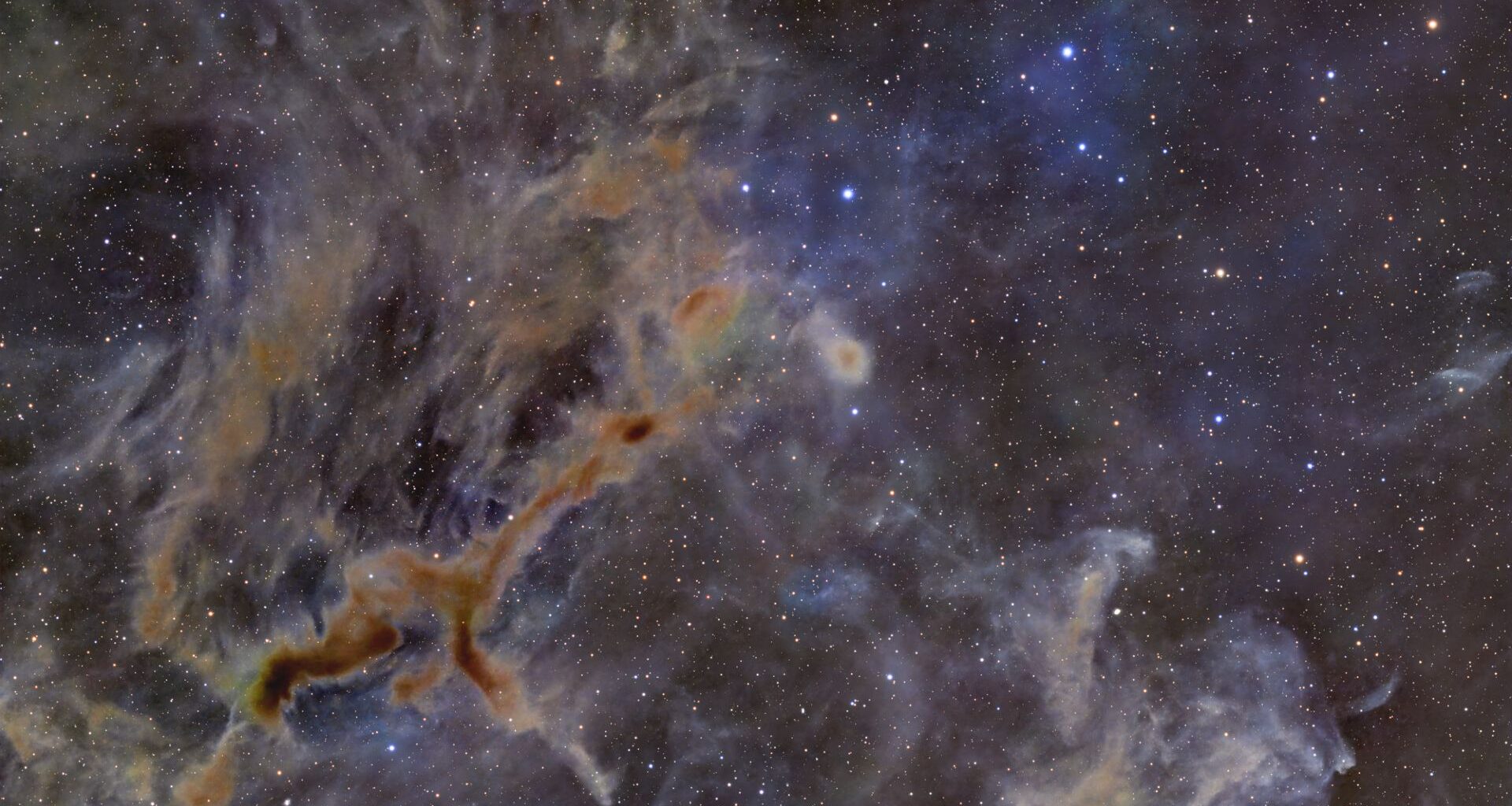 Dark knots of interstellar dust are pictured blocking the light of more distant stars in a deep-space image. A knot of material to the lower left appears to take the form of a giraffe running left to right against the starfield beyond.