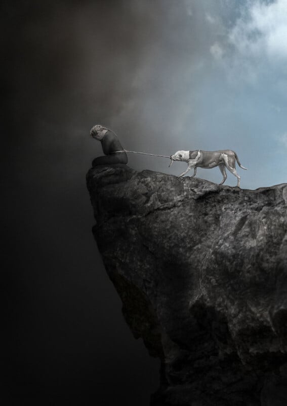 A dog pulls on a leash, trying to lead a person who is sitting on the edge of a rocky cliff under a dramatic sky, with darkness on the left and light on the right.