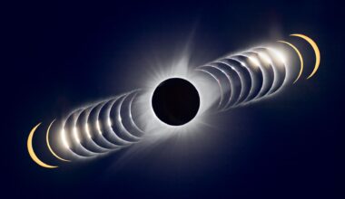 A compilation of eclipse images making a time lapse photo showing a dark dot in the center for a full totality solar eclipse