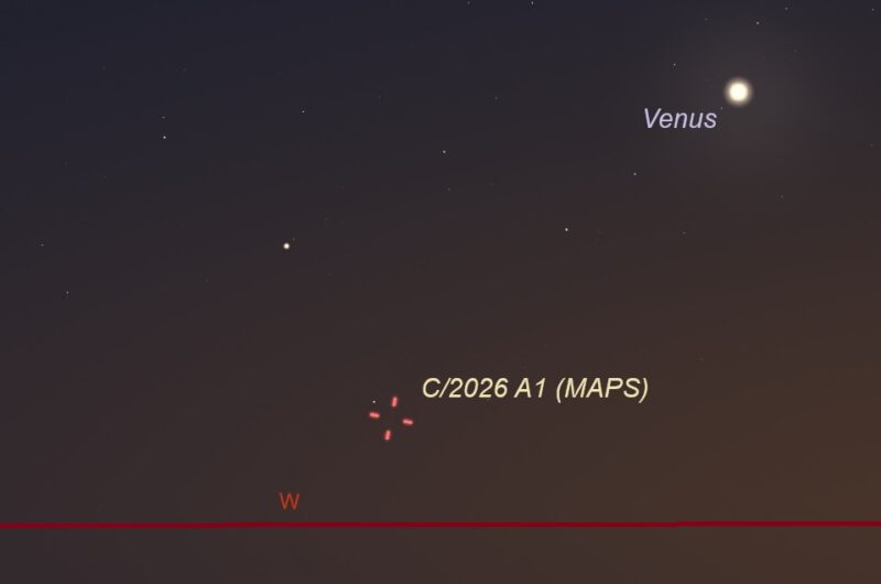 Star chart with Venus at upper right and hashmarks for the comet at bottom near the west.