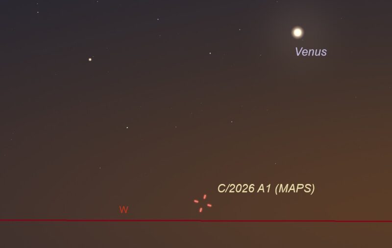 Star chart with Venus at upper right and hashmarks for the comet by the western horizon.