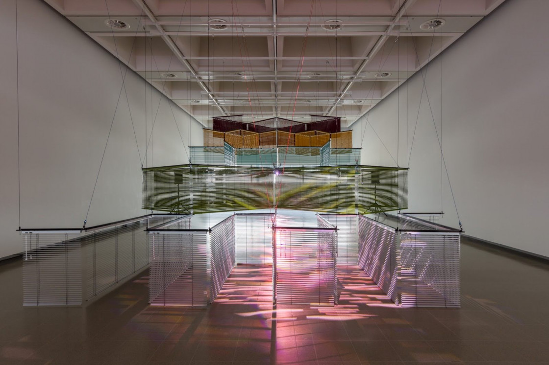 Installation view at MOCA of a concert style Korean philharmonic. 