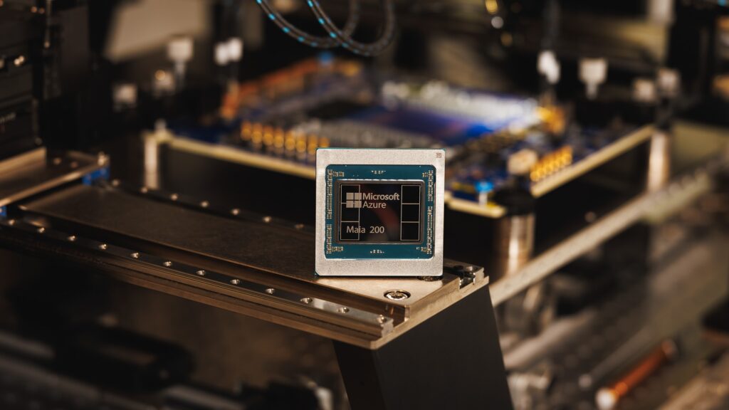 The Maia 200 AI accelerator chip with cables and equipment in the background.