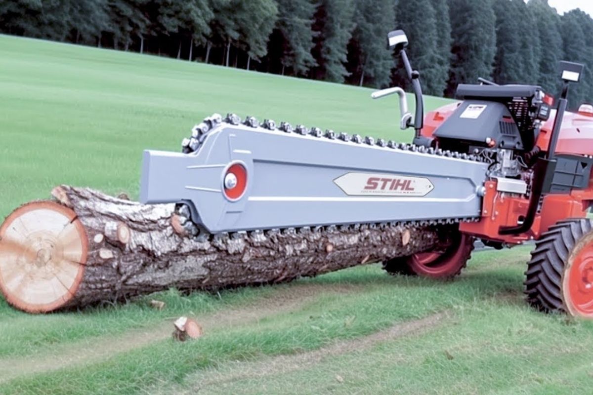 Automated forestry machines process logs and firewood with dual torque and a safe cabin, combining fast cutting and in-line chipping in the forest.