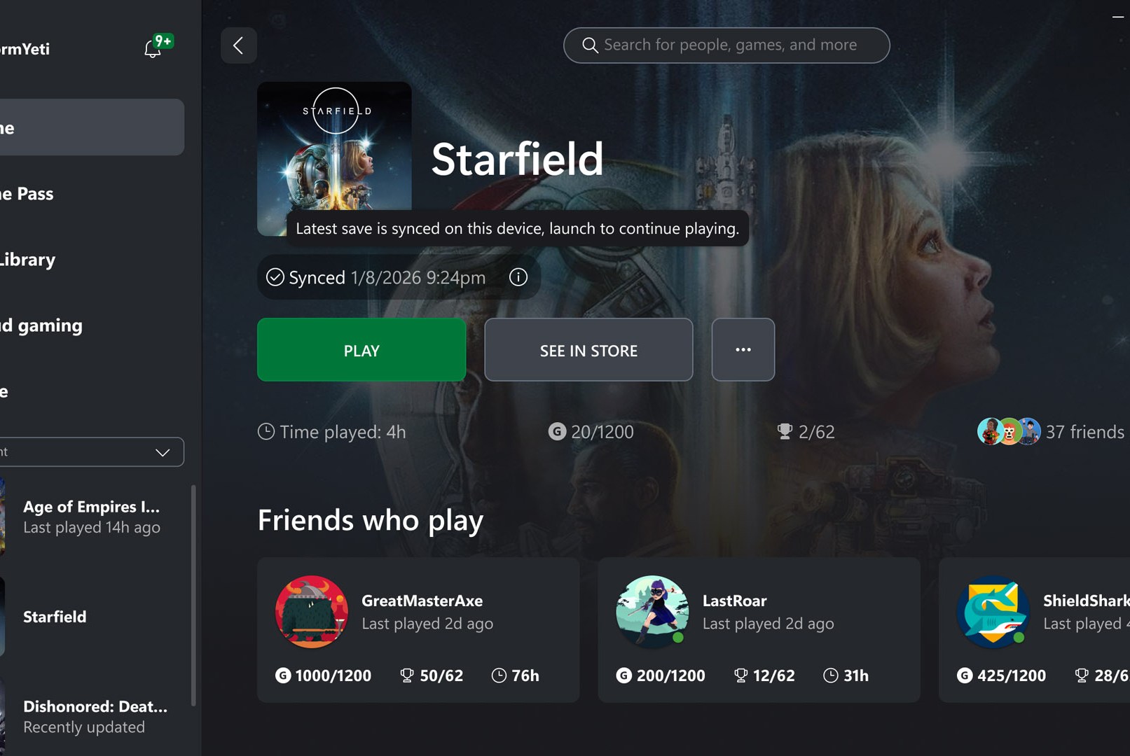 Screenshot of Xbox PC app with the “last save is sync” status message visible.