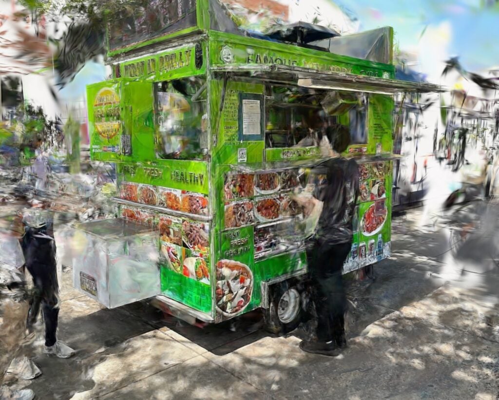 A glitchy, distorted image of someone ordering food at a food truck