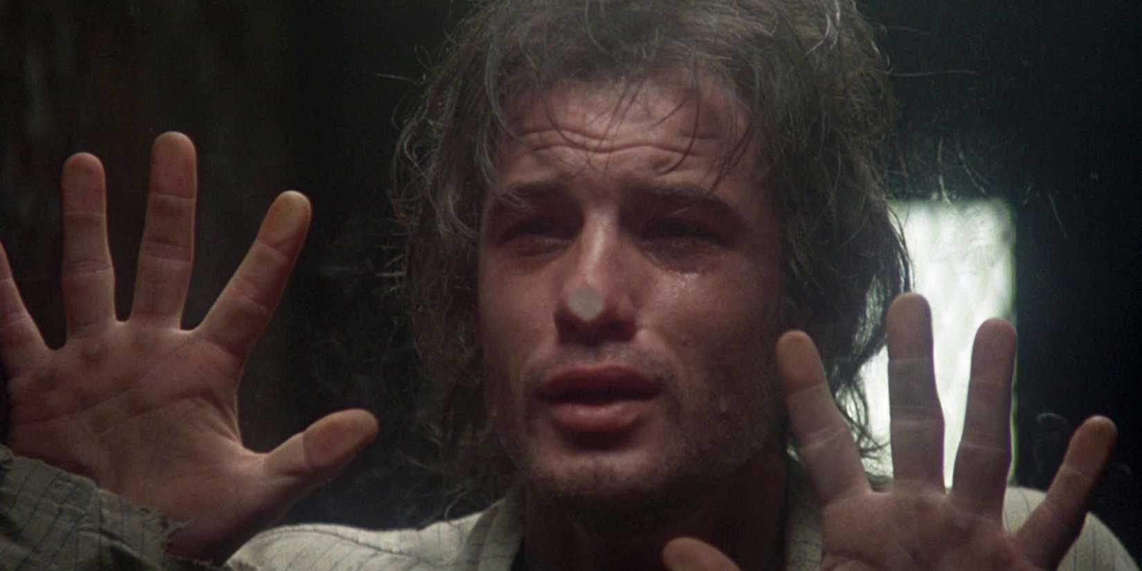 Brad Davis pressed up against glass in Midnight Express.