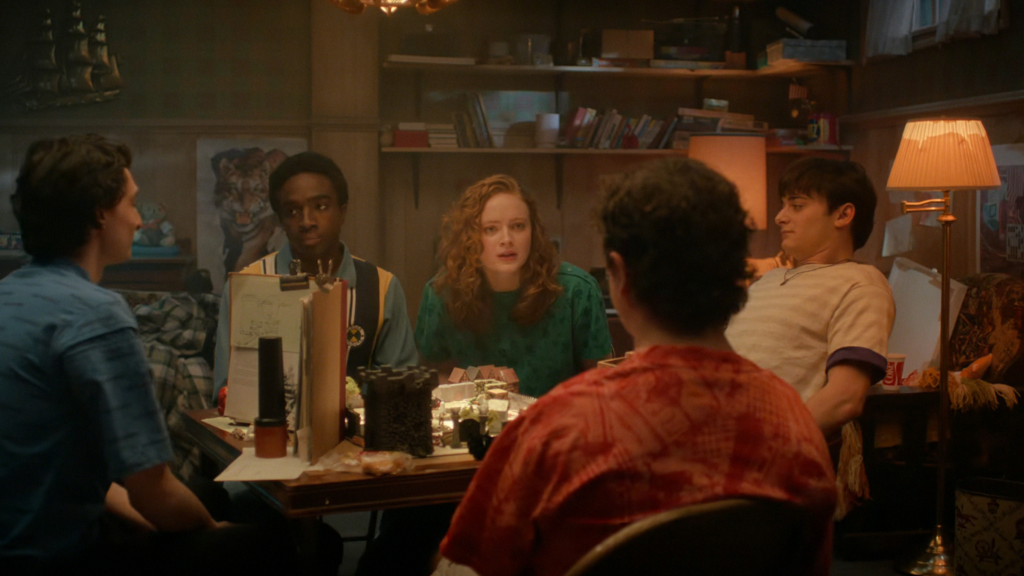 Mike, Lucas, Max, Will, and Dustin playing Dungeons and Dragons in Stranger Things